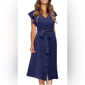 💙 Navy Flutter Sleeve Button-Front Midi Dress | Size L | Pockets 💙